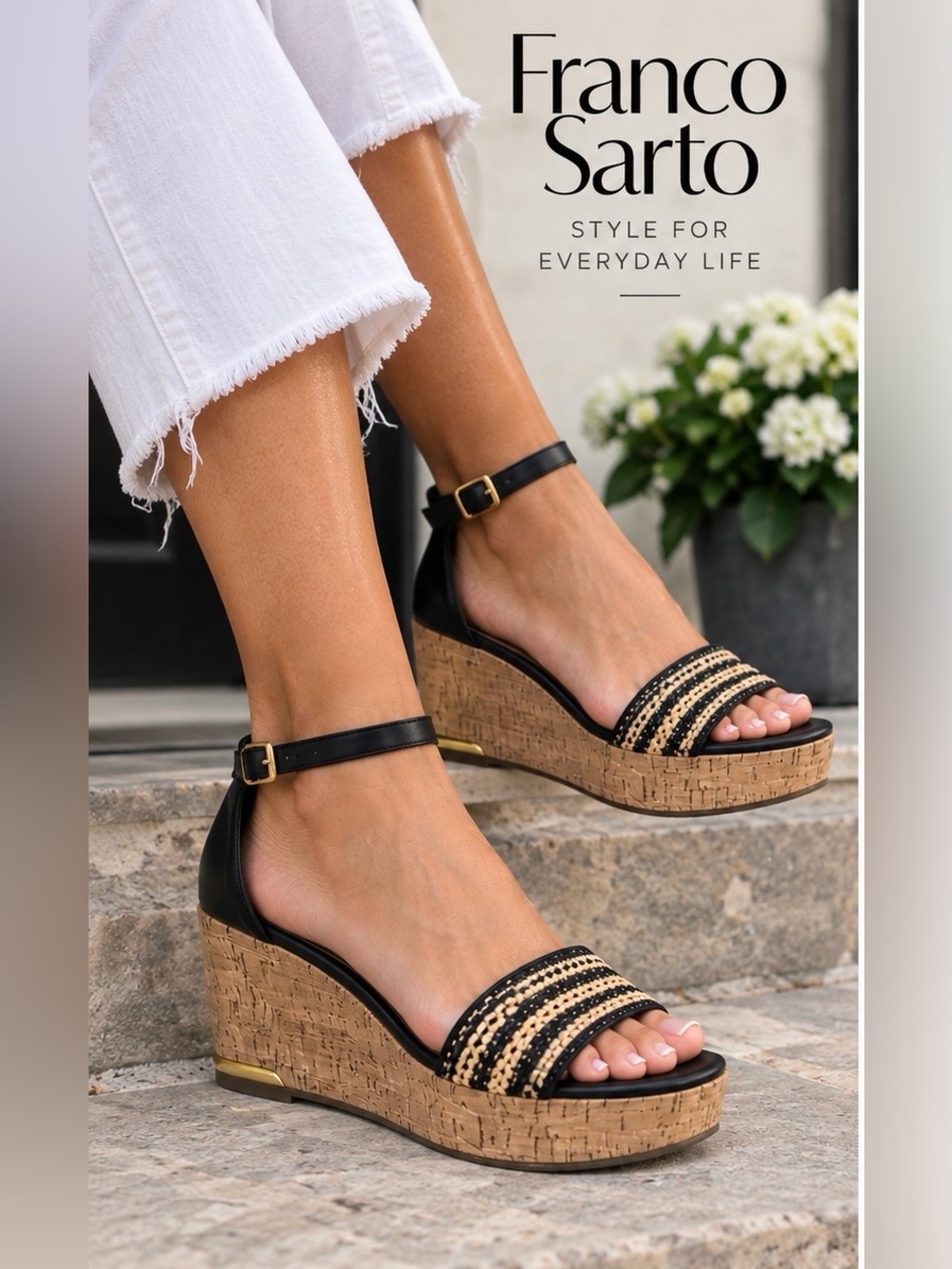 Franco Sarto Terry2 Woven Cork Platform Wedge Sandals Black 7.5